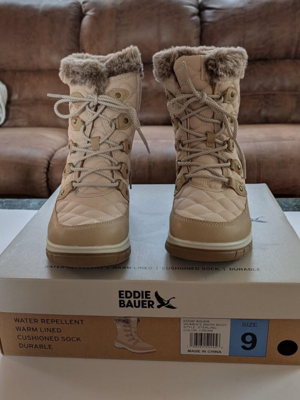 Eddie Bauer Women's Sterling Faux Fur Trim Snow Boot, Cream Size 6 or 9 - New